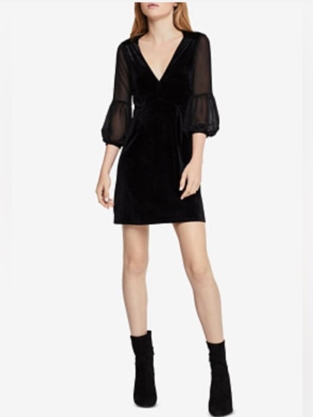 BCBGeneration Black Velvet A-line Cocktail Mini Dress With Puffy Bishop Sleeves